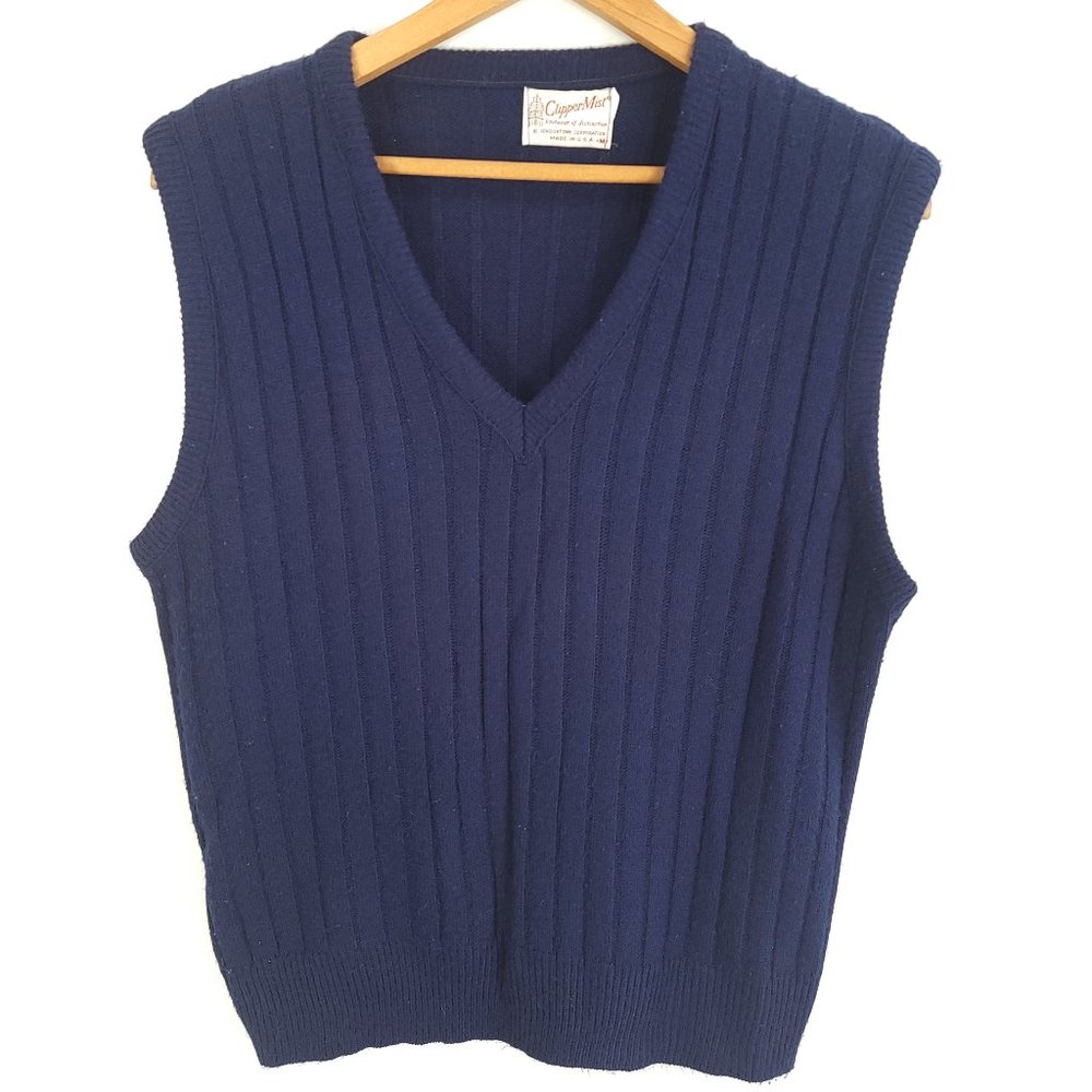 Vintage Clipper Mist Sweater Vest Men's Med Sleeveless Navy Grandpa Grunge Geek